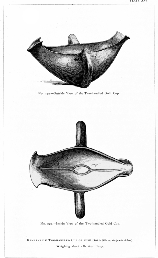 No. 239.&mdash;Outside View of the Two-handled Gold Cup.

No. 240.&mdash;Inside View of the Two-handled Gold Cup.

REMARKABLE TWO-HANDLED CUP OF PURE GOLD (δέπας ἀμφικύπελλον).

Weighing about 1 lb. 6 oz. Troy.

THE TREASURE OF PRIAM.

Page 326.