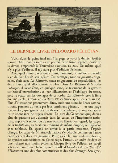 PAGE PRINTED IN “GARAMOND” TYPE (ENGRAVED FOR FRANÇOIS
I), WITH WOODCUT BY PAUL EMILE COLIN, LENT BY MONS. R. HELLEU