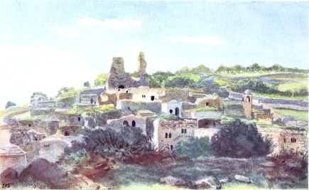 BETHANY

The locality of the Tomb of Lazarus is marked by a little domed tower to
the extreme right of the town. Ruins of chapel built over site of house
of Lazarus, Martha, and Mary are in centre of village. The road to
Jerusalem of Our Lord’s time passes over the brow of the hill to the
right. Mid-day.