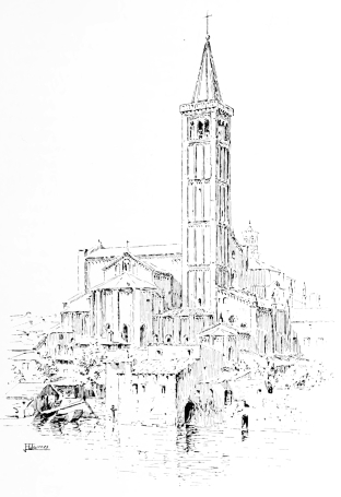 CHURCH OF ST ANASTASIA FROM THE ADIGE SHEWING THE HOUSES WHICH
STOOD THERE BEFORE THE muraglioni, BUILT TO DEFEND THE TOWN
AGAINST THE INUNDATIONS OF THE ADIGE, WERE ERECTED