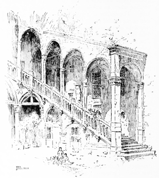 OUTSIDE STAIRCASE, PUBLICO PALAZZO

It is interesting to compare these two sketches. The first shows
the staircase as it stood some four years ago with an upper
colonnade of fine “Cinquecento” work. The second shows that work
swept away, under the delusion that it was better to see the
staircase in its original form.
