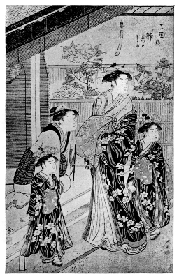 KIYONAGA: THE COURTESAN SHIZUKA WITH ATTENDANTS IN THE
PEONY GARDEN AT ASAKUSA.