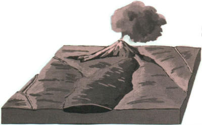a. Magma, rising upward through a conduit, erupts at the Earth&rsquo;s surface to form a volcanic cone. Lava flows spread over the surrounding area.