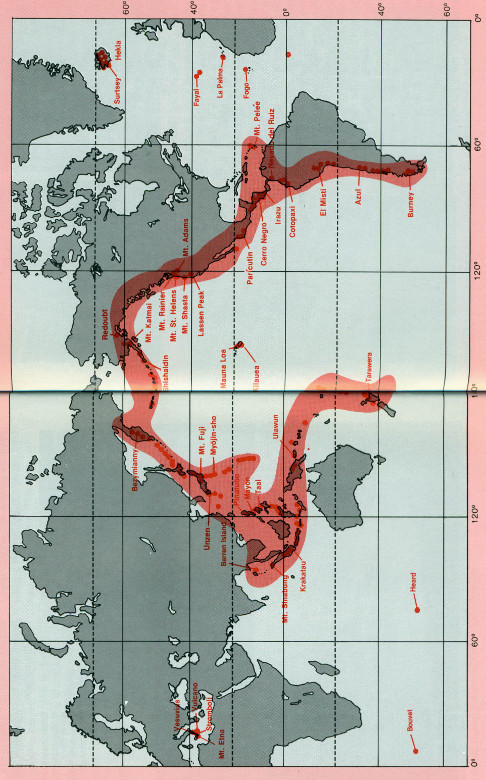 The distribution of some of the Earth&rsquo;s 500 active volcanoes.