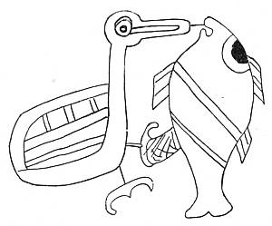 Fig. 59. Bird carrying a fish outlined on shallow
    plaque found in Mound No. 17.