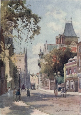 TRUMPINGTON STREET FROM PETERHOUSE

Part of the new buildings of Pembroke College are seen on the right, and
the Tower of the Pitt Press, commonly called by undergraduates “The
Freshers’ Church,” is seen in the distance. The entrance to Peterhouse
is behind the tree on the left of the picture.