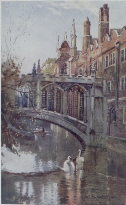 THE BRIDGE OF SIGHS, ST. JOHN’S COLLEGE

This Bridge joins the Third Court with the Fourth or New Court. The
building on the right, seen through the bridge, is the Library, and
dates back to 1624.