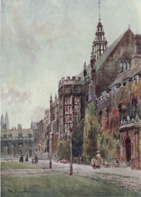 ORIEL WINDOW OF THE HALL, TRINITY GREAT COURT

In the nearer part of the picture is the Master’s Lodge, and in the far
distance two turrets of King’s Chapel stand up against the evening
sky.