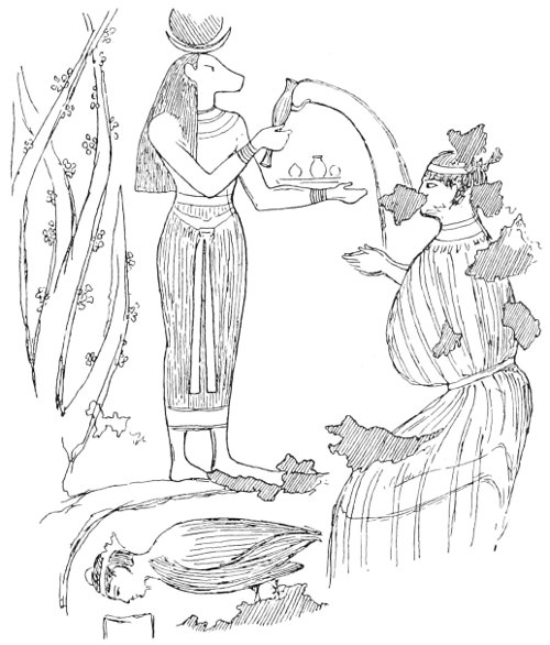 Fig. 7.&mdash;A Ba or soul receiving the lustral water from a tree-goddess.(From a painting discovered by Prof. Petrie at Thebes. Illustrated London News, 25th July 1896.)
