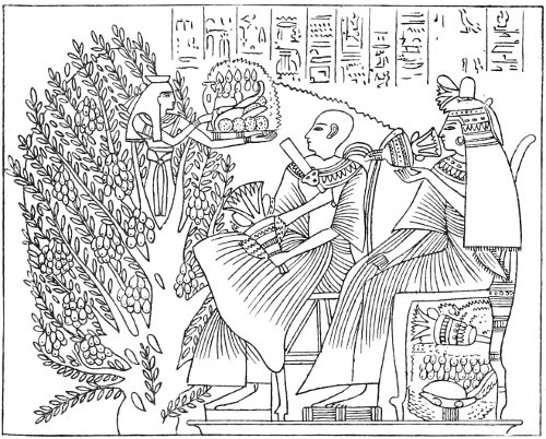Fig. 10.&mdash;The goddess Nu̔&icirc;t in her sacred sycamore bestowing the bread and water of the next world.(Maspero, Dawn of Civilisation.)