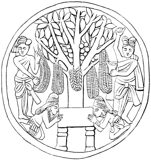 Fig. 19.&mdash;The Bodhi-tree of Kanaka Muni (Ficus glomerata).(The St&ucirc;pa of Bharhut, by Major-General Cunningham, Plate xxiv. 4.)