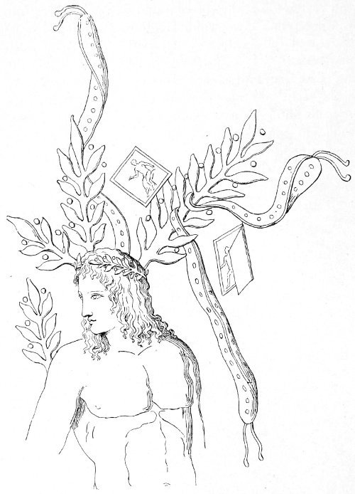 Fig. 23.&mdash;Sacred laurel of Apollo at Delphi, adorned with fillets and votive tablets; beneath it the god appearing to protect Orestes.(From a vase-painting, B&ouml;tticher, Fig. 2.)