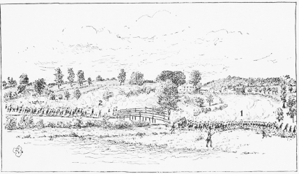 THE FIGHT AT THE BRIDGE.

REDRAWN FROM RALPH EARLE’S SKETCH OF 1775.

1. THE BRITISH.

2. AMERICANS.{256}