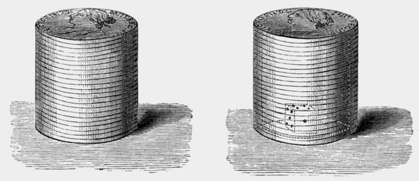 two stacks
of halfpennies