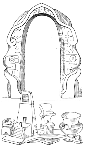 YOKE, KNIFE, SMALL VASES AND ALTARS USED IN AZTEC
SACRIFICES.