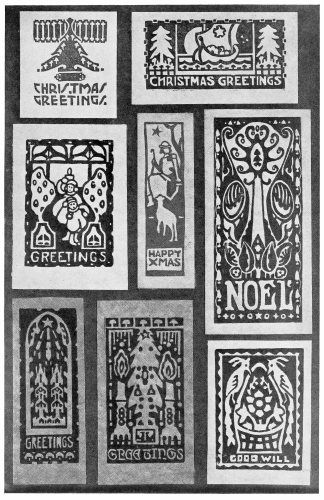 Plate 9

Strong, Well Massed Designs like these are well adapted to work in cut
linoleum. If printed in a deep gray or brown and hand colored with light
washes of transparent color they make an unusually rich looking card.
