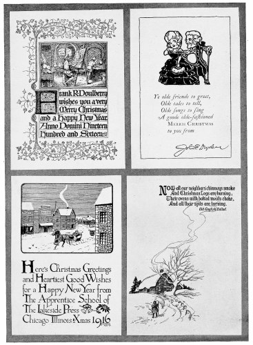Plate 6

Four Varied Styles of design in holiday cards, for more advanced talent.
Note how each one is based on a foundation of good design. These cards
were all designed by those sending them out as personal greetings.