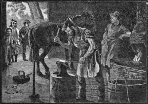 Blacksmith shoes a horse