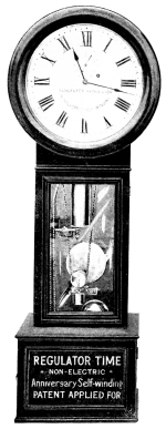 BANGERTER’S NON-ELECTRIC REGULATOR TIME
CLOCK&mdash;ANNIVERSARY SELF-WINDING.

Patent Applied for, 1911.