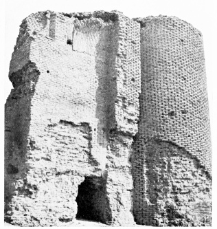 Fig. 141.&mdash;SÂMARRÂ, RUINED MOSQUE, SOUTH-WEST ANGLE
TOWER.
