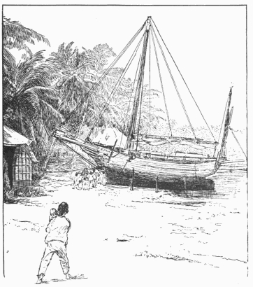 The Spray ashore for "boot-topping" at the Keeling
Islands. (From a photograph.)