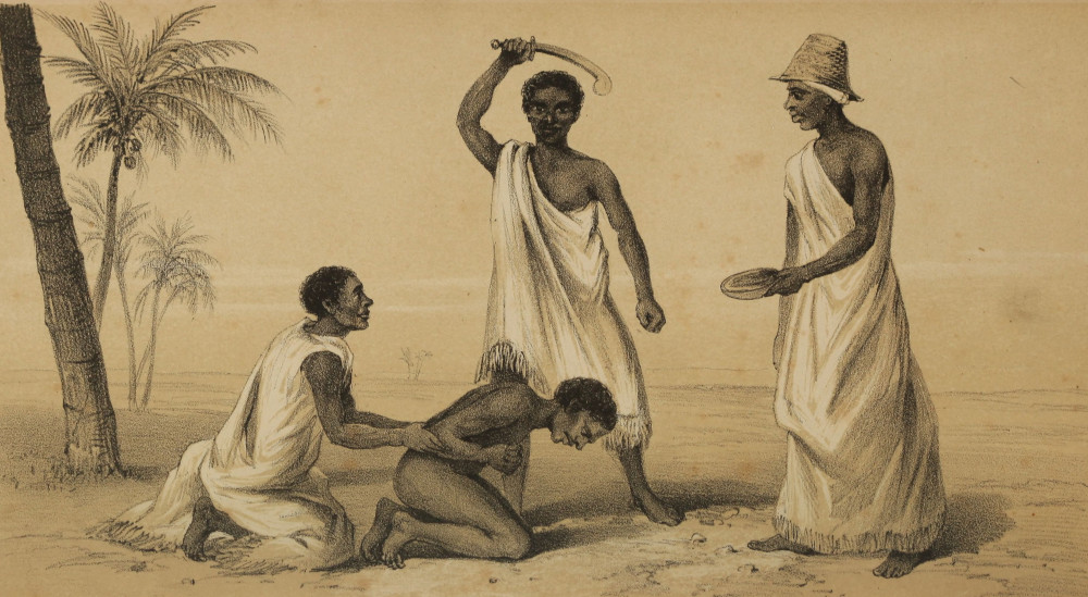 MODE OF EXECUTION AT DAHOMY. THE BLOOD DRINKER WAITING WITH HIS
CALABASH TO DRINK THE BLOOD.