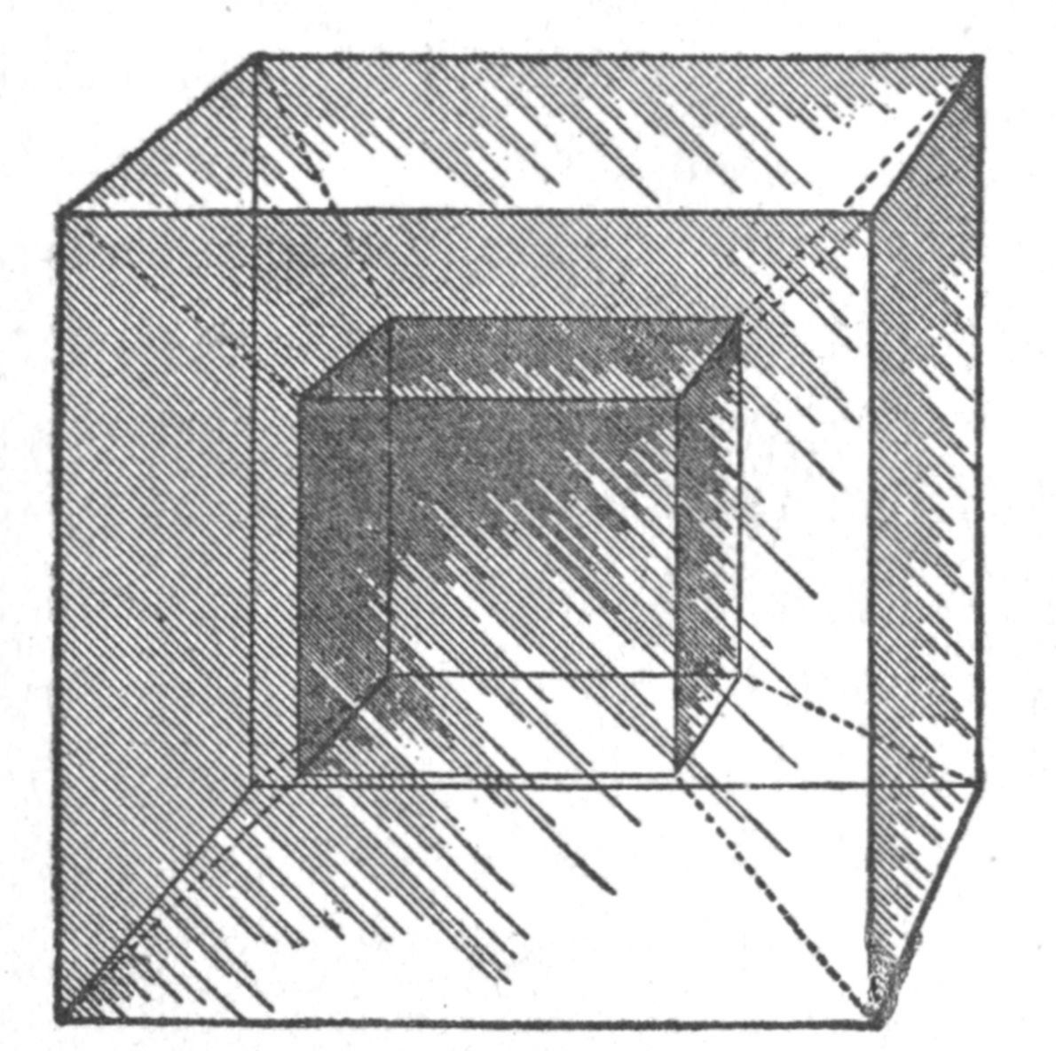 A four-dimensional cube-like solid if transparent and looked at
with one eye would appear something like this picture.