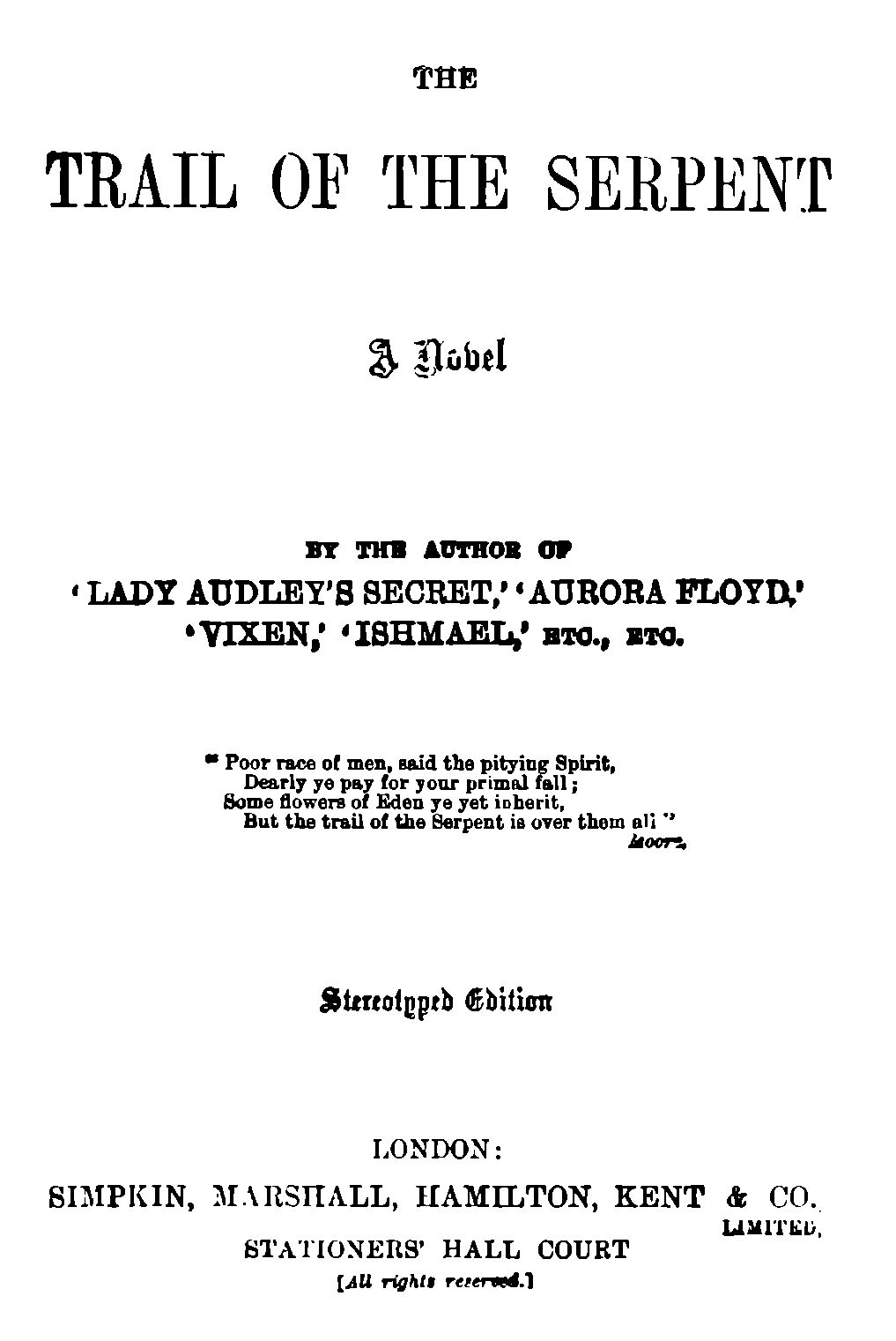 Title page of The Trail of the Serpent, a novel by Mary Elizabeth Braddon.