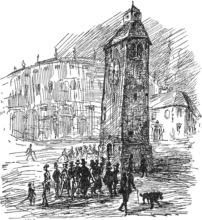 Die Bewohner versammeln sich
  um den Uhrturm