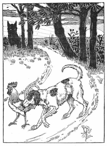 Cock, dog, fox