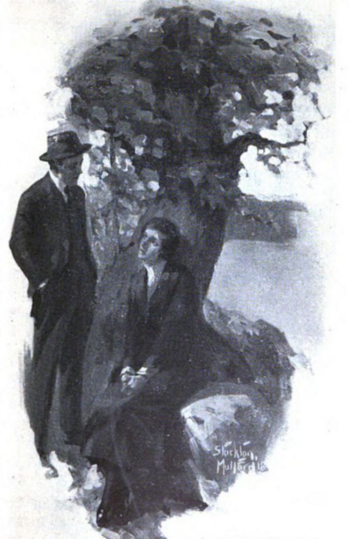 A woman sits
beneath a tree by the water, gazing up at a man standing nearby; both
appear deep in conversation, shaded by leafy branches.