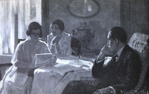 Three people
sit around a table, deeply focused on papers; two women read while a
man contemplates, all in a dimly lit, vintage room.