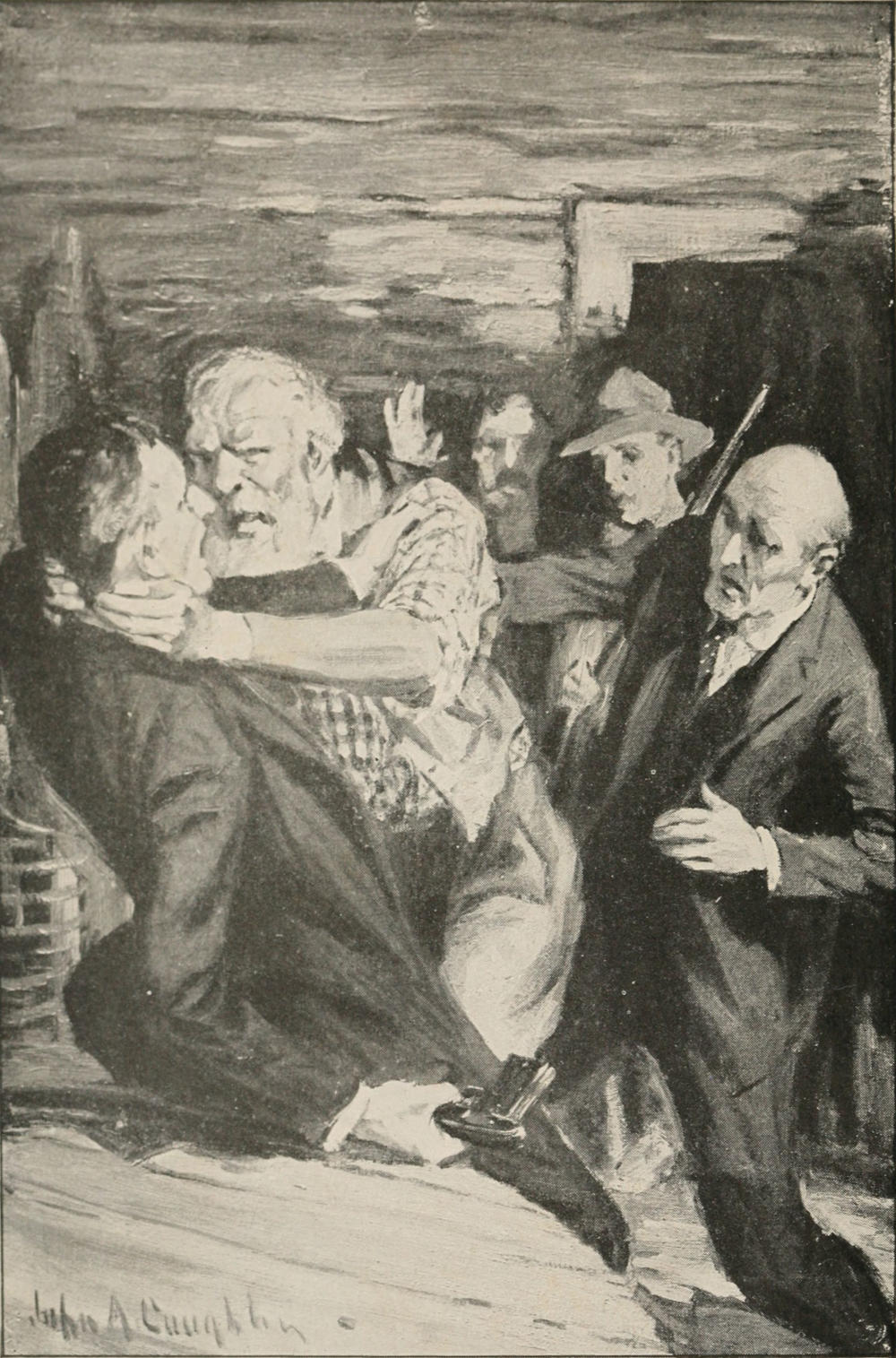 A man has his hands around another man’s neck, throttling him, as a line of other men look on from behind him.