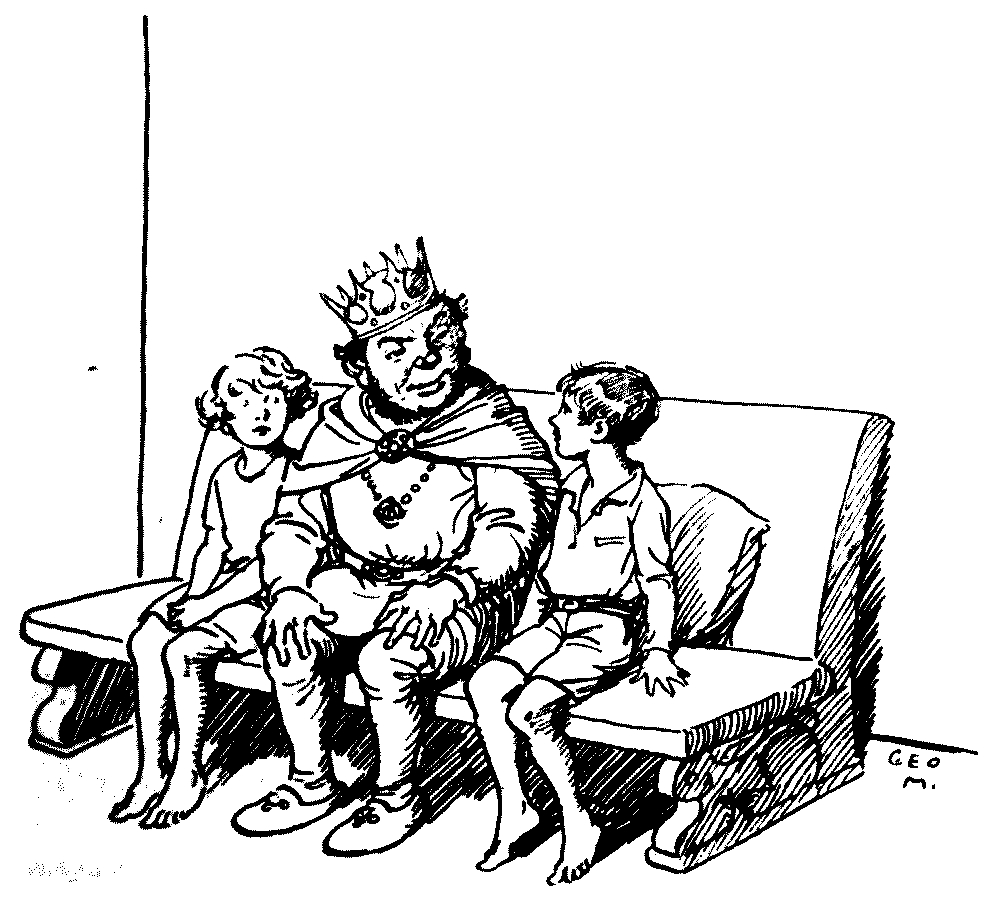 A drawing of two children sitting in a bench with a king in
the middle of them.