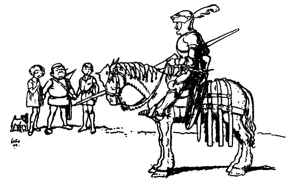 A drawing of two children and a snerg staring at a knight, who also stares
at them.