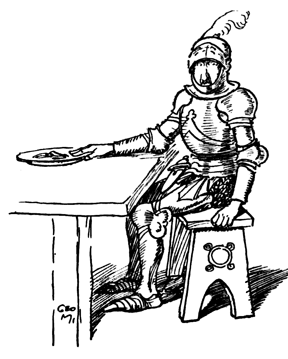 A drawing of a knight with his visor raised sitting at
a table.