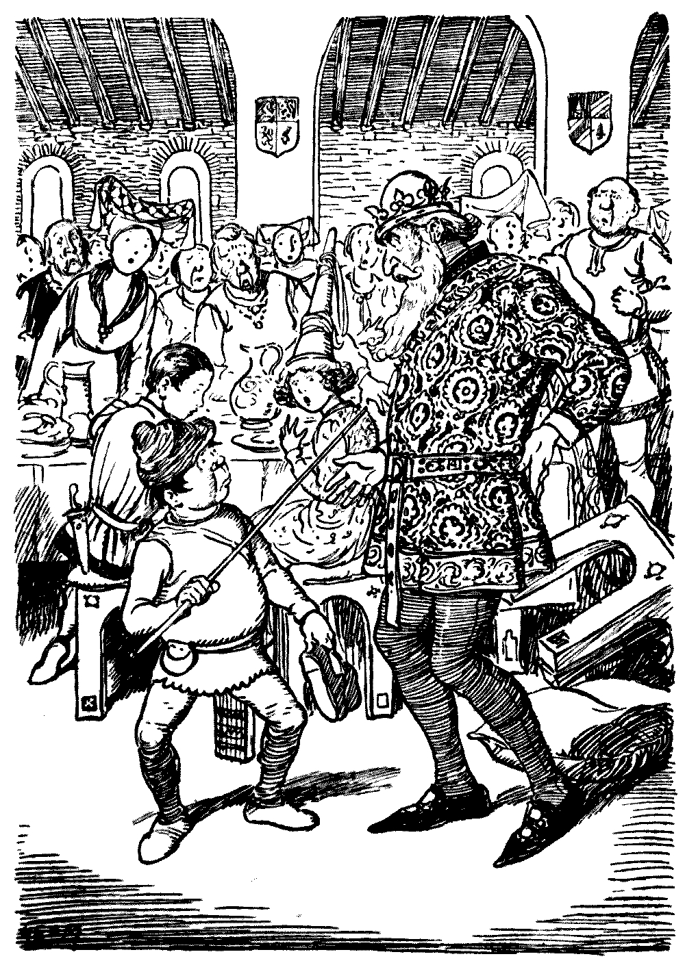 A drawing of a snerg pointing a stick at a man, while a surprised
crowd watches.