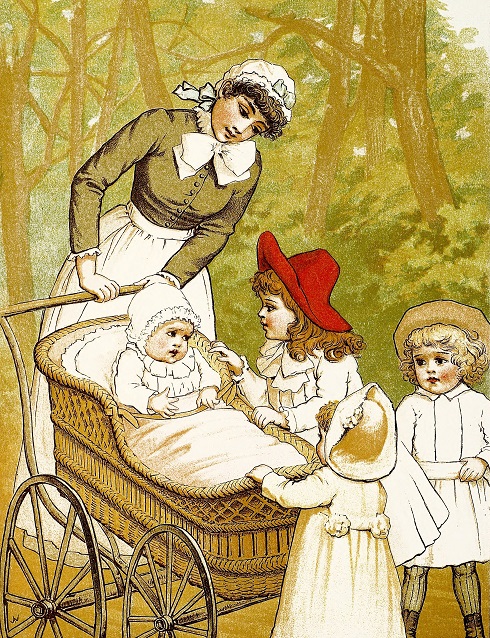 Woman pushing baby in pram with three children looking at baby