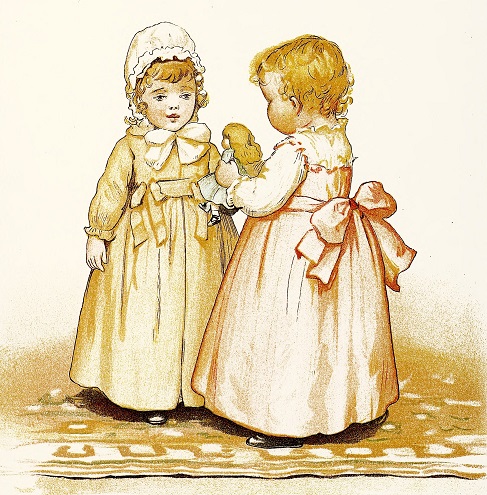 Two little girls, one holds a doll