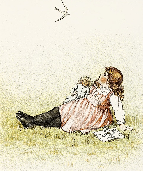 Girl with doll watching bird flying above