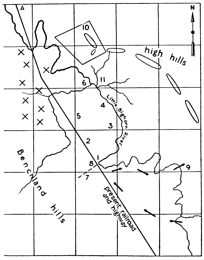 Map of the area around the Custer Battlefield