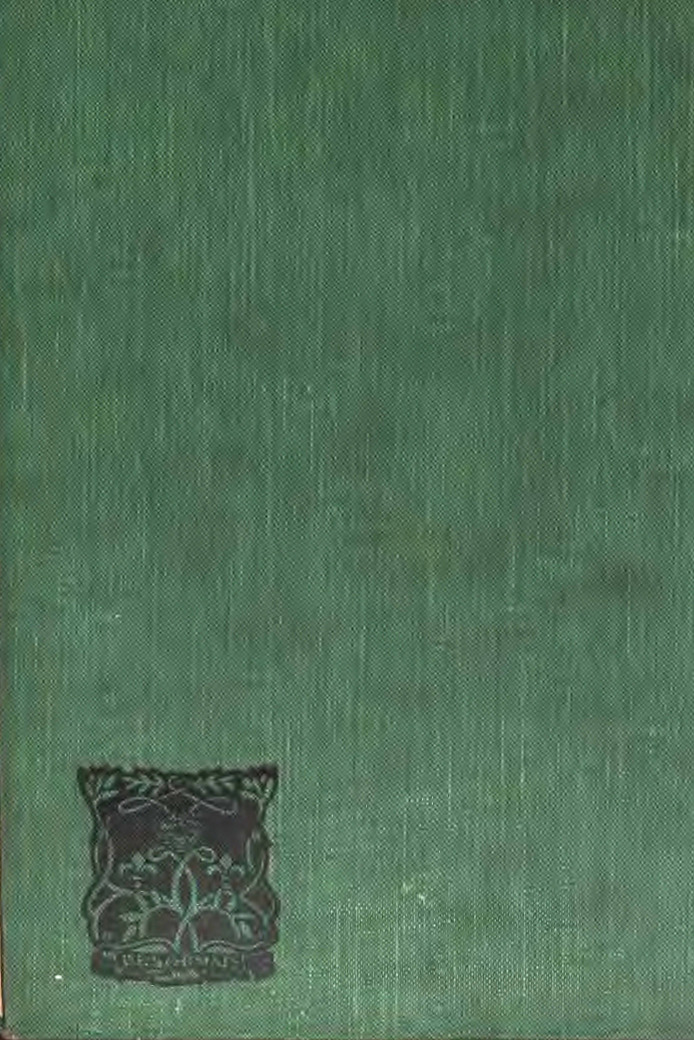 Back cover of the book. It is dark green fabric; in the lower left corner is an embossed image, in black, of vines surrounding two fleur-de-lis.