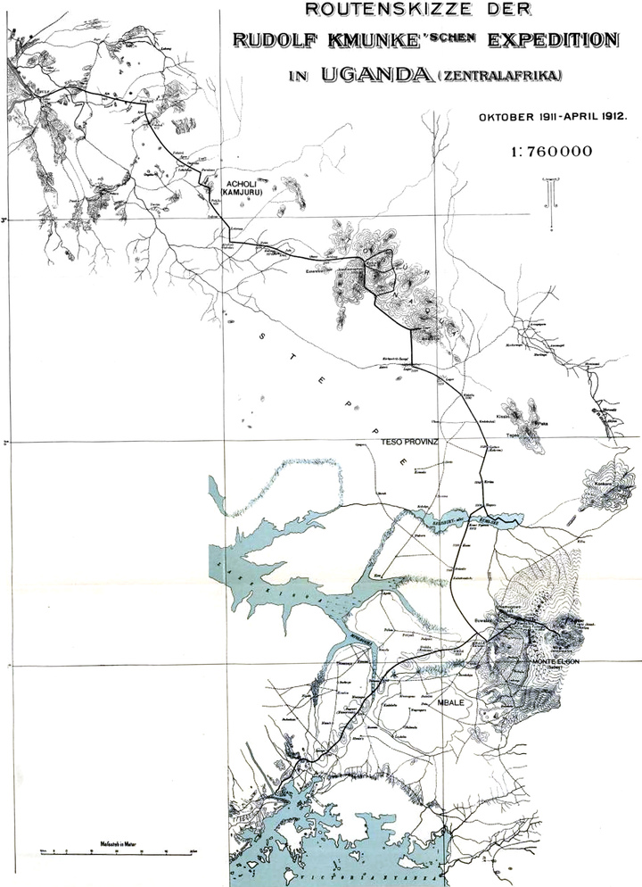 Routenskizze der Rudolf
  Kmunke'schen Expedition in Uganda (Zentralafrika), Oktober 1911 bis April
  1912, im Maßstab 1:760000